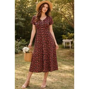 Vintage Floral Button Front Midi Dress Rayon Cottagecore Size 12